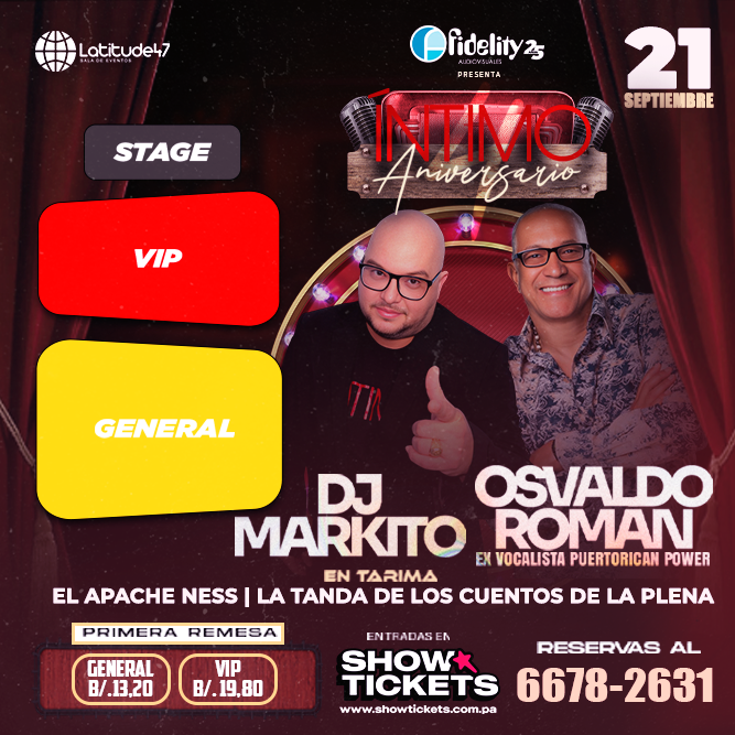 Plot promocional del evento ÍNTIMO ANIVERSARIO con precios y mapa.