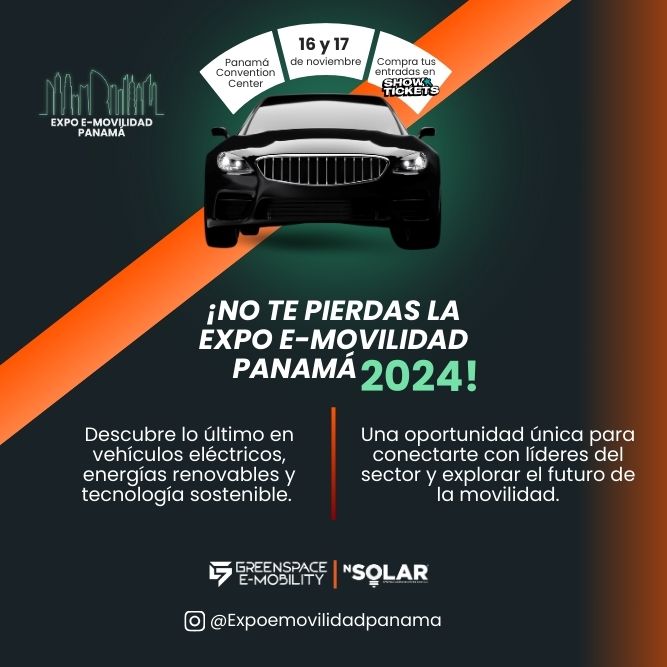 Plot promocional del evento EXPO E-MOVILIDAD PANAMÁ con precios y mapa.