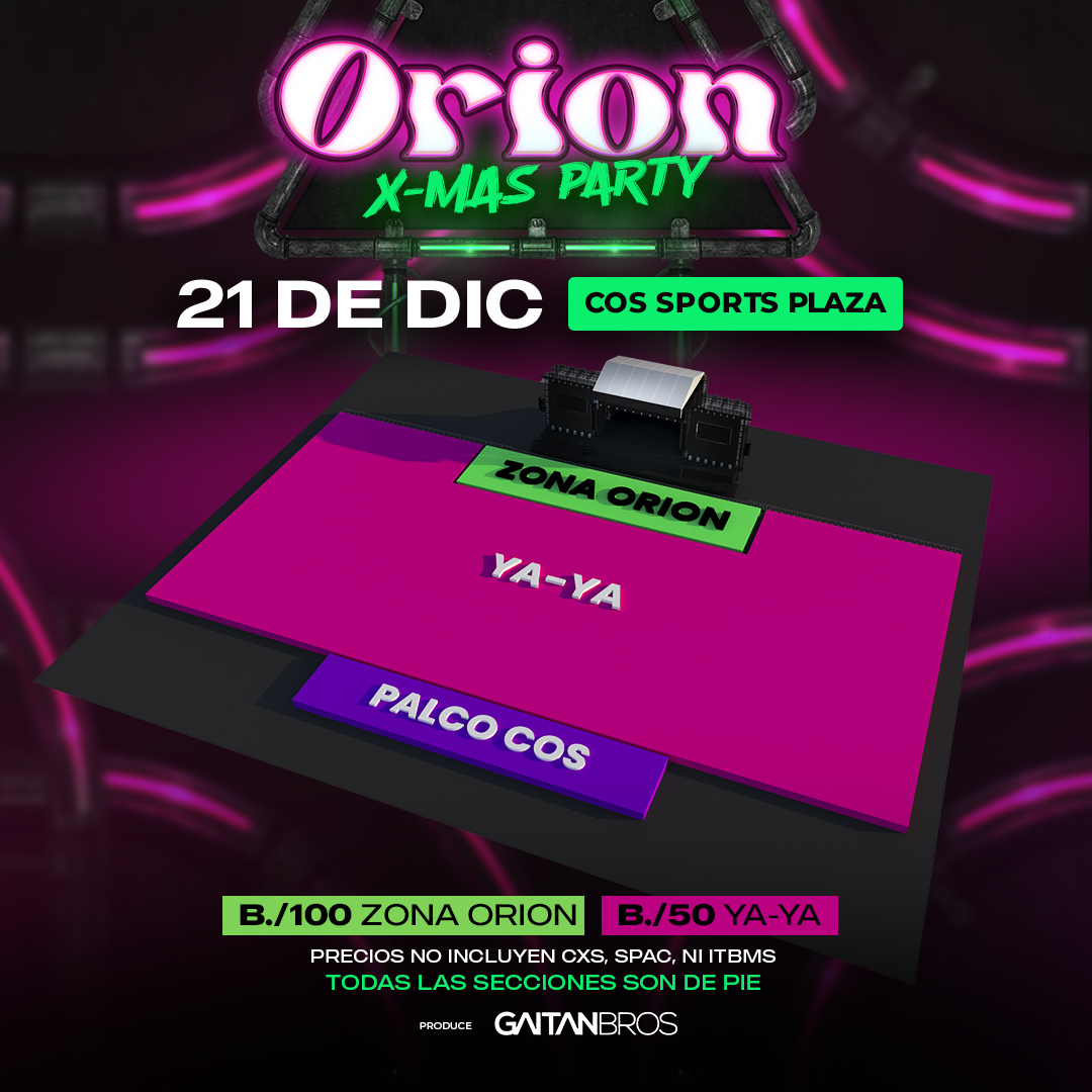 Plot promocional del evento ORION XMAS PARTY con precios y mapa.