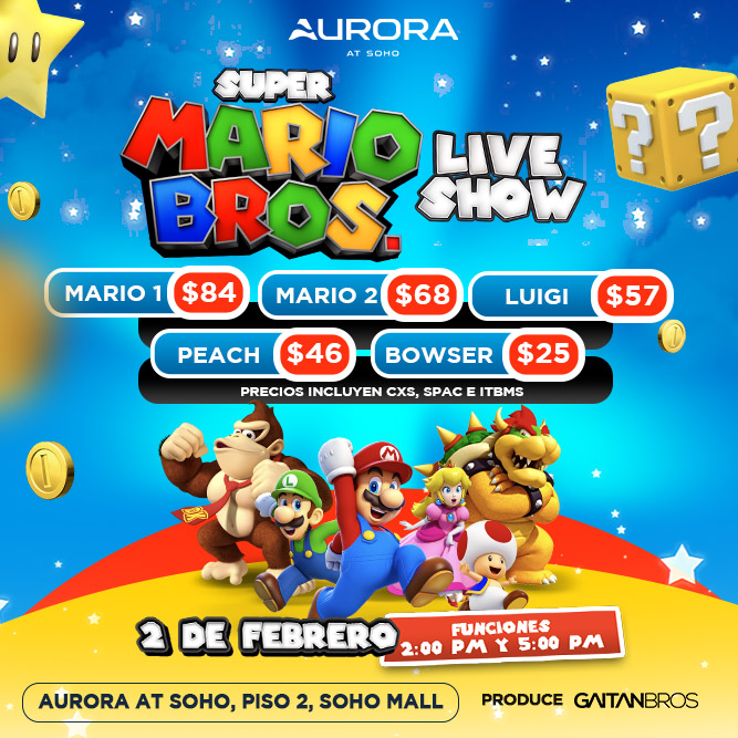 Plot promocional del evento MARIO BROS con precios y mapa.