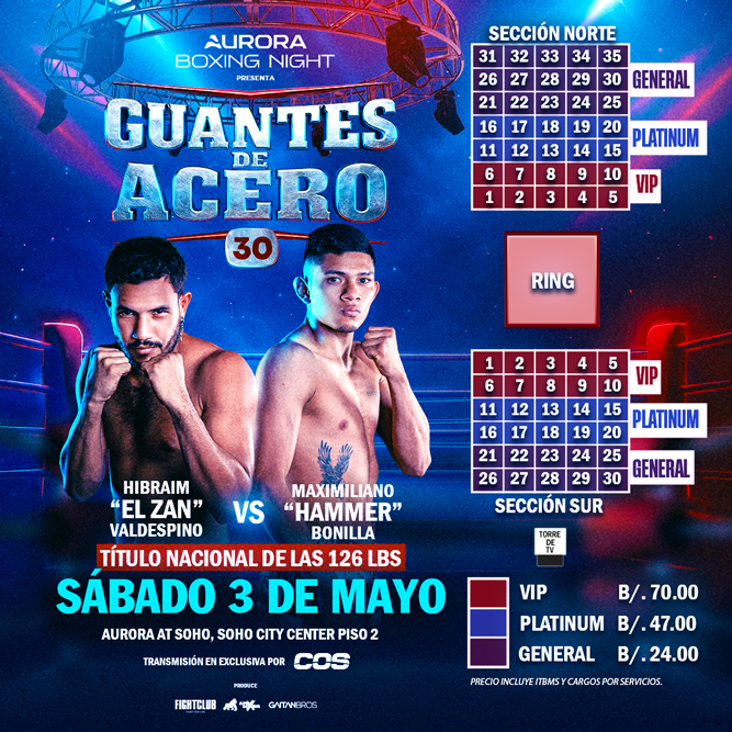 Plot promocional del evento GUANTES DE ACERO con precios y mapa.