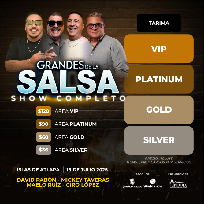 Plot promocional del evento GRANDES DE LA SALSA con precios y mapa.