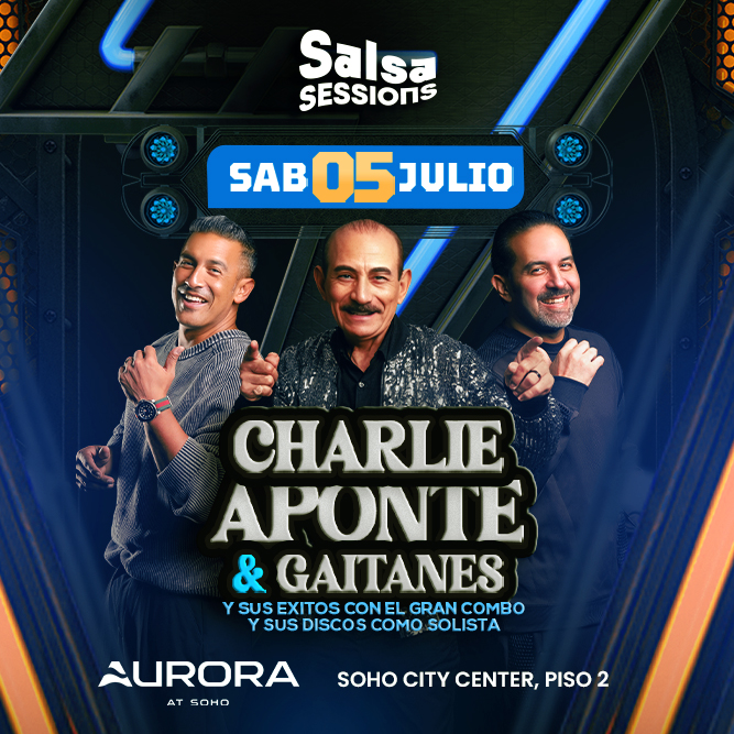 Plot promocional del evento CHARLIE APONTE & GAITANES con precios y mapa.