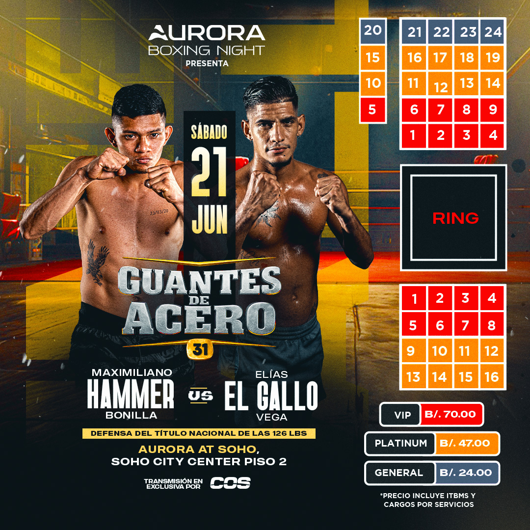 Plot promocional del evento GUANTES DE ACERO con precios y mapa.
