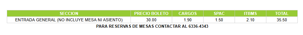 Tabla con precios del evento NOCHE DE TÓXICOS por cada sector.