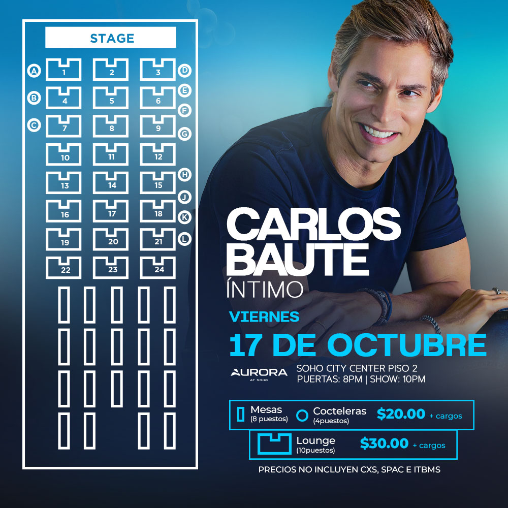 Plot promocional del evento CARLOS BAUTE con precios y mapa.