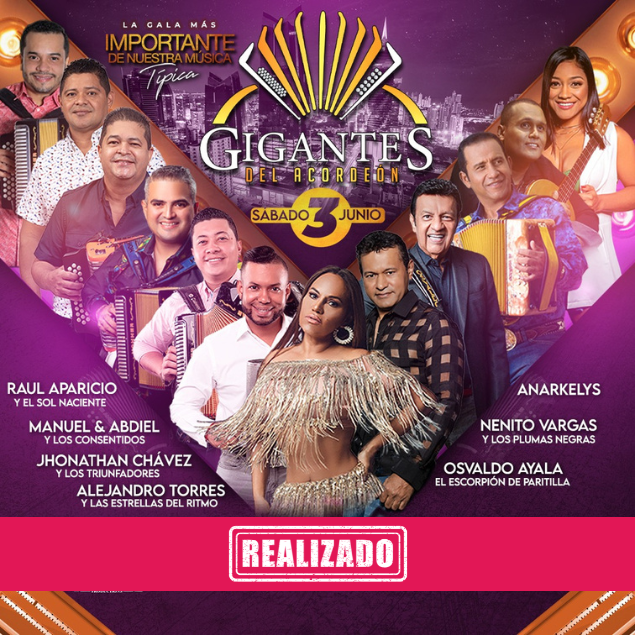 Foto promocional del evento GIGANTES DEL ACORDEÓN describiendo los participantes y fechas del evento.