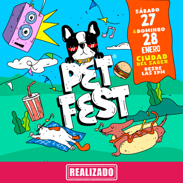 Foto promocional del evento PET FEST describiendo los participantes y fechas del evento.